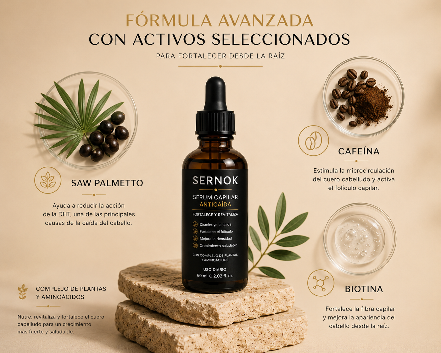 Ingredientes activos Sernok - Saw Palmetto, Cafeína y Biotina