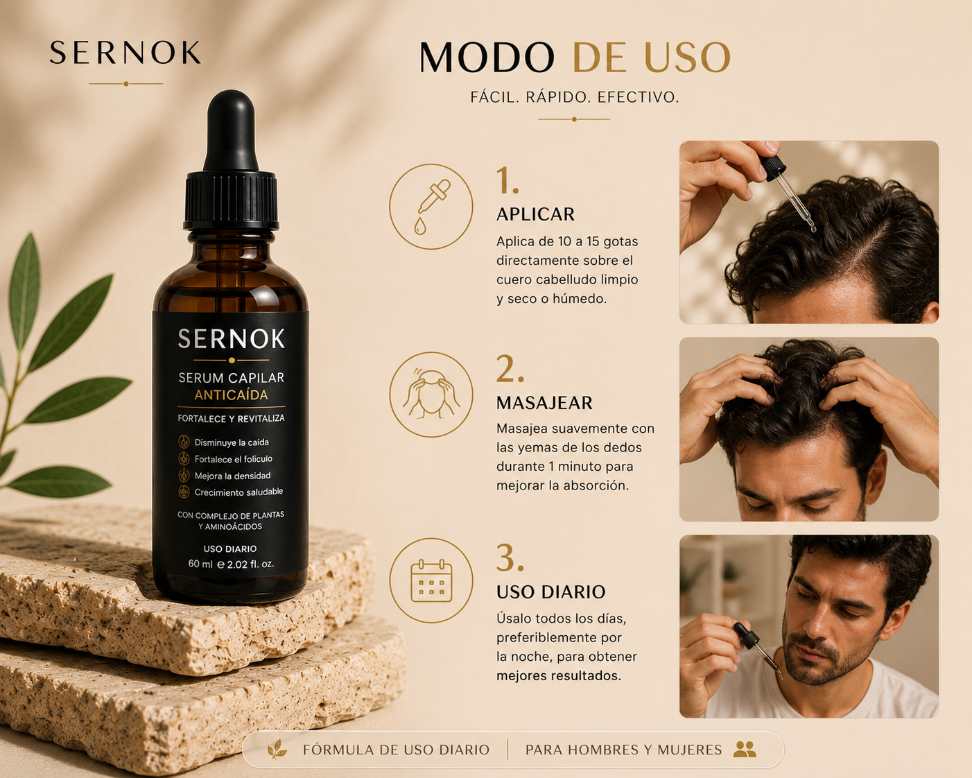 Modo de uso del Sérum Anticaída Sernok - aplicar en cuero cabelludo